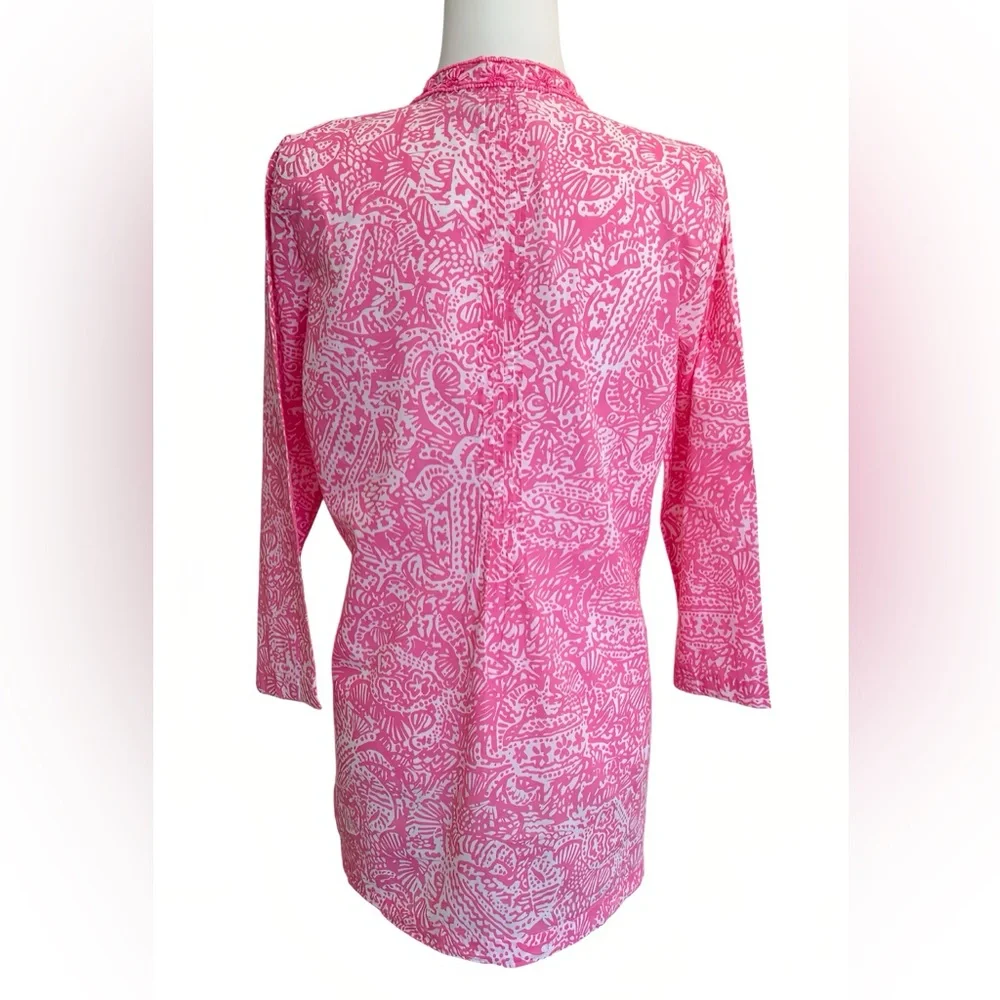 Lilly Pulitzer Sarasota Beaded Tunic Top Sz M Pink White Shell Print 3/4 Sleeve - Picture 3 of 12